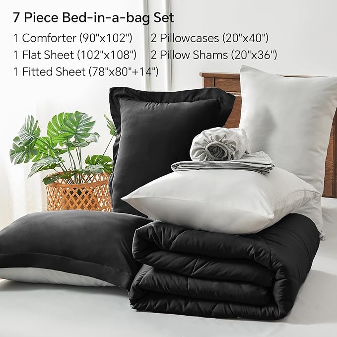 BEDELITE King Size Comforter Set 7 Pieces Bed in A Bag - Soft Microfiber Reversible Black Bed Set with Comforters, Sheets, Pillowcases & Shams, Cozy Luxury Bedding Sets for All Season
