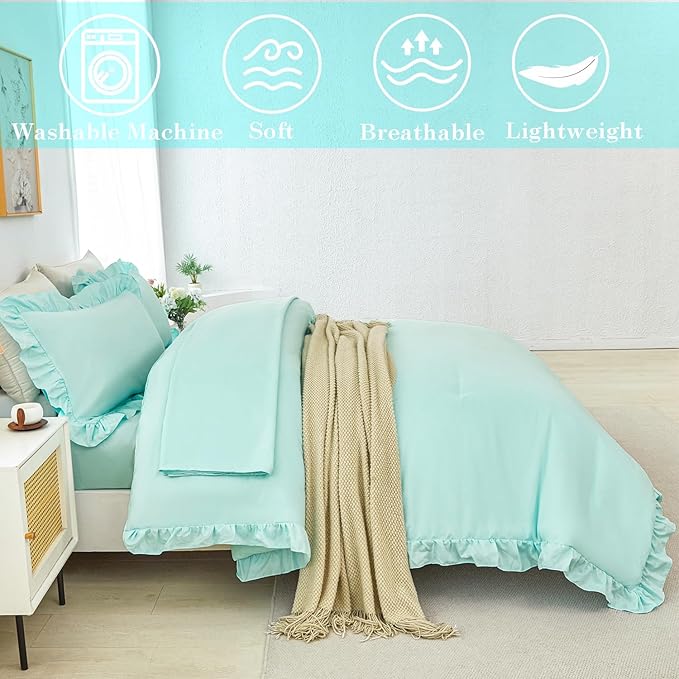 ANGIYUIN 5 Pieces Mint Green Full Bed in A Bag Ruffle Bedding Sets Solid Ruffled Comforter Set Vintage Farmhouse Bedding Comforter Sets with Sheets for Girls Women(Mint Green Full)