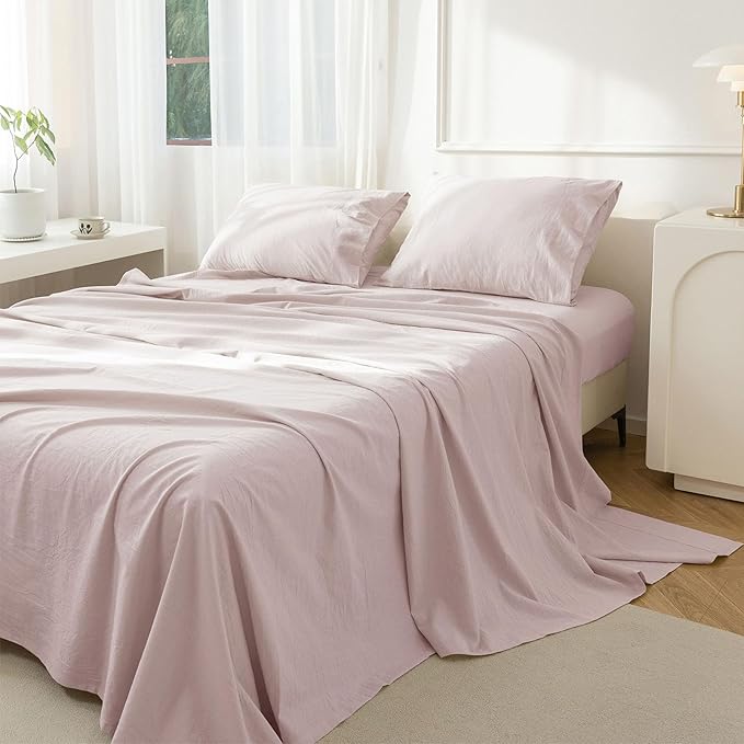 JIYUAN 100% Washed Cotton Sheet Set 4 Pieces Cal King,1 Fitted Sheet,1 Flat Sheet and 2 Pillowcases,Comfy and Breathable Linen Like Bedding Set,Heathered Greyish Pink