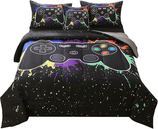 JQinHome Queen Gamer Comforter Sets for Boys&Girls,6 Piece Bed in A Bag 3D Video Game Bedding -All Season Microfiber Gamer Bedding Sets for Kids, with Pillowcase, Flat & Fitted Sheet,Cushion Cover