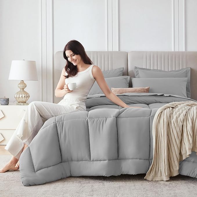 Sasttie Full Size Comforter Sets, 7 Pieces Bed in a Bag Full, Complete Bedding Set Includes Comforter, Flat Sheet, Fitted Sheet, Pillowcases and Pillow Shams, Light Grey