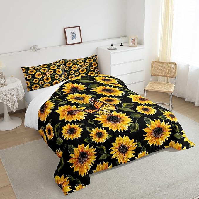 Feelyou Sunflower Bedding Set Girls Yellow Floral Butterfly Comforter Chic Flowers Pattern Comforter Set for Kids Teens Botanical Nature Duvet Set Ultra Soft Room Decor Full Size…