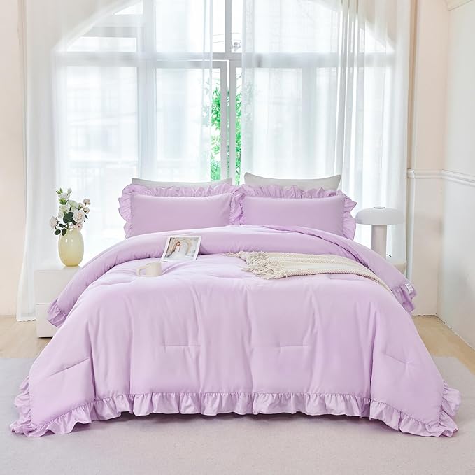 ANGIYUIN 5Pcs Purple Girls Comforter Set Full Size Ruffle Bedding Sets Lavender Farmhouse Kids Bed Sets Soft Lightweight Bed in A Bag with Sheet Sets(Purple Full)