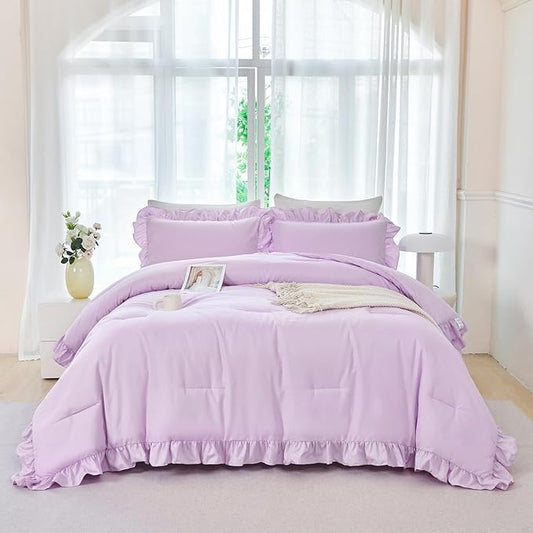 ANGIYUIN 5 Pieces Purple Comforter Set Queen Size Ruffled Bedding Sets for Girls Women Boho Farmhouse Bed Sets Solid Color Soft Bed in A Bag with Sheets(Purple Queen)