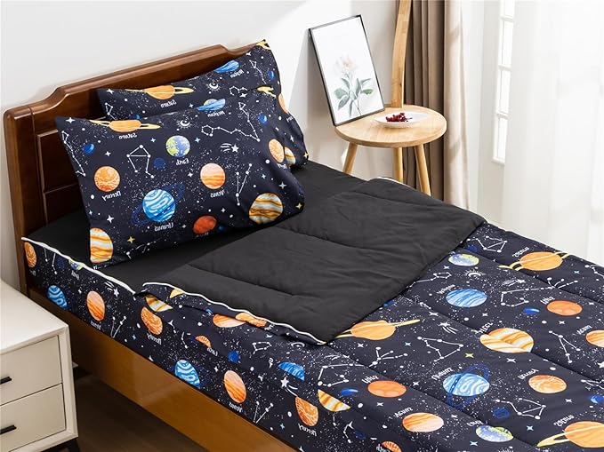 NTBED Galaxy Printed Zipper Bedding Sets Twin Lightweight Microfiber Universe Comforter Set with Fitted Sheet Pillow Covers,Navy Blue