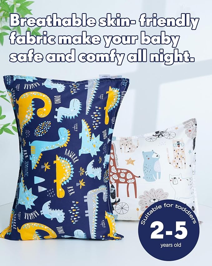 ALVABABY Toddler Pillowcases 2 Pack Organic Cotton Kids Pillow Cover Fit 13"x 18" or 12"x18" Envelope for Girl Boy Sleepy Travel