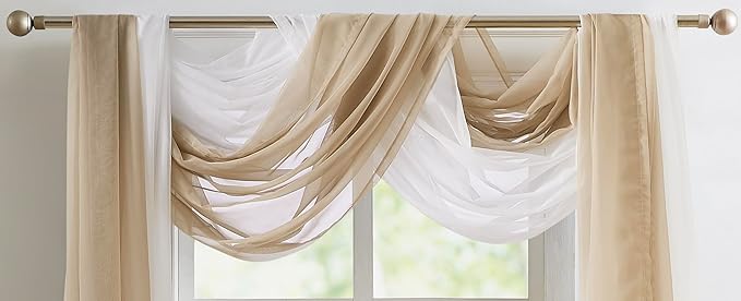 Warm Home Designs Double Window Scarves Bundle. Each White & Brown Window Scarf Valance is 55" x 360". Great for Brown Room Decor, as Canopy Bed Curtains or Draping Fabric. AS White & Taupe 360"