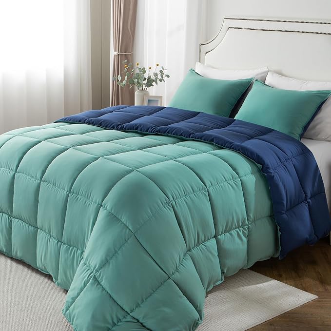 KASENTEX California King Comforter Set – Reversible Dual Color – Goose Down Alternative – Ultra-Soft, Lightweight, Machine Washable, Fluffy, All Season Warmth (Turquoise Sea Green/Twilight Blue)