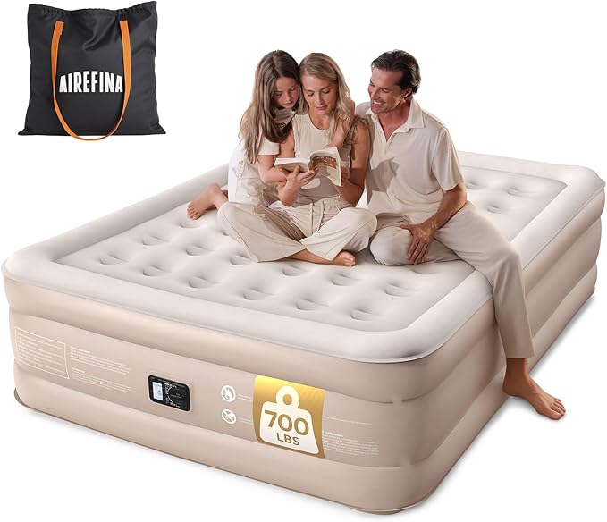 Airefina Air Mattress Queen with Built-in Pump, 18" Raised Inflatable Blow Up Mattress with Luxury Carry Bag, Upgraded Stable Honeycomb Coil Support, Air Bed for Home, Guest, Colchones Inflables