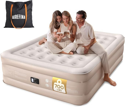 Airefina Air Mattress Queen with Built-in Pump, 18" Raised Inflatable Blow Up Mattress with Luxury Carry Bag, Upgraded Stable Honeycomb Coil Support, Air Bed for Home, Guest, Colchones Inflables