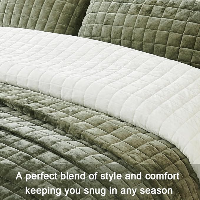 Luxurious Velvet Quilt King Size Set 98" x106" Ultra Soft Bedding Set Quilted Bedspread Coverlet with 2 Matching Pillow Shams for All Seasons,Army Green