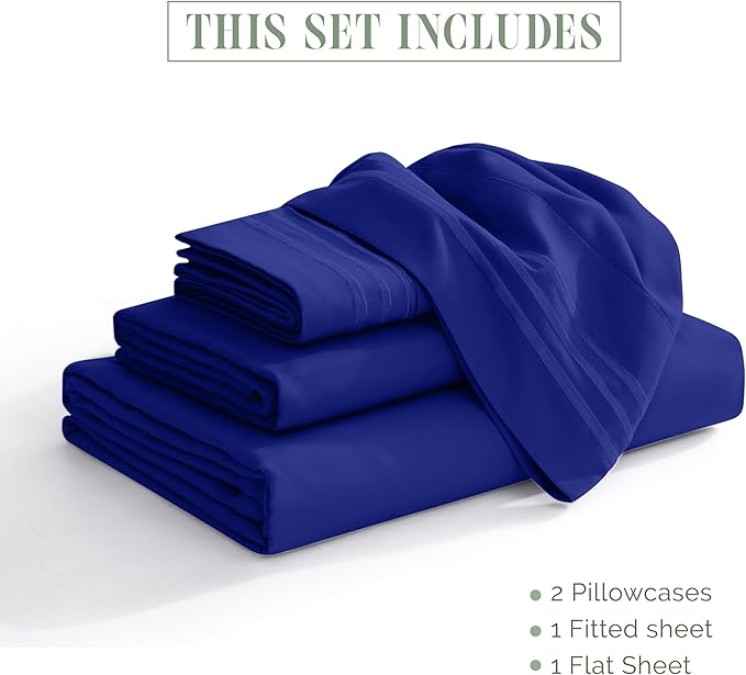 Elegant Comfort Luxurious 1500 Premium Hotel Quality Microfiber Three Line Embroidered Softest 4-Piece Bed Sheet Set, Wrinkle and Fade Resistant, Twin/Twin XL, Royal Blue