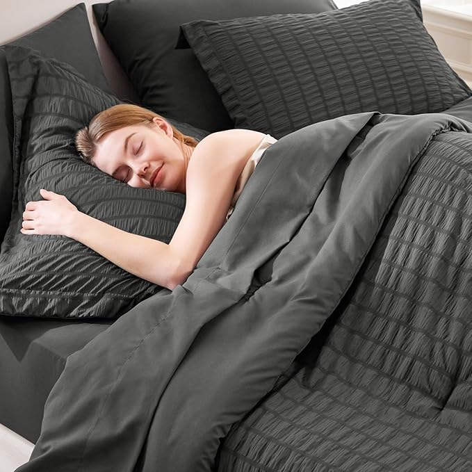 CozyLux Full Size Comforter Sets with Sheets Seersucker 7 Pieces Dark Grey Bed in a Bag Textured Luxury Soft Bedding Set with Down Alternative Comforter, Sheets, Pillowcases & Shams for All Seasons