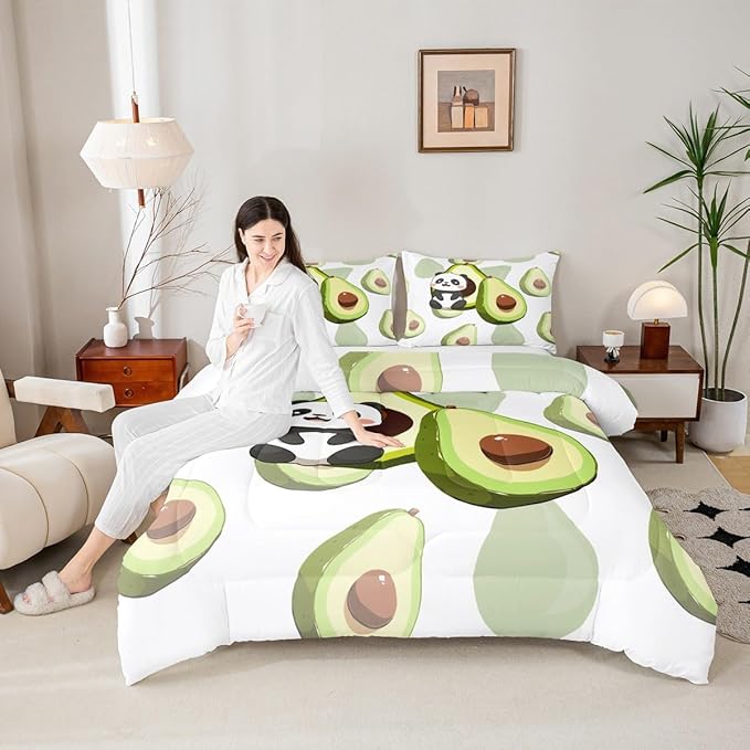 Erosebridal Panda Comforter Set Full,Avocado Bedding Set Cute Black White Panda Bedding Bear Cat Bedding Comforter for Kids Boys Girls Green Tropical Fruit Quilt Duvet Set Room Decor 2 Pillow Cases