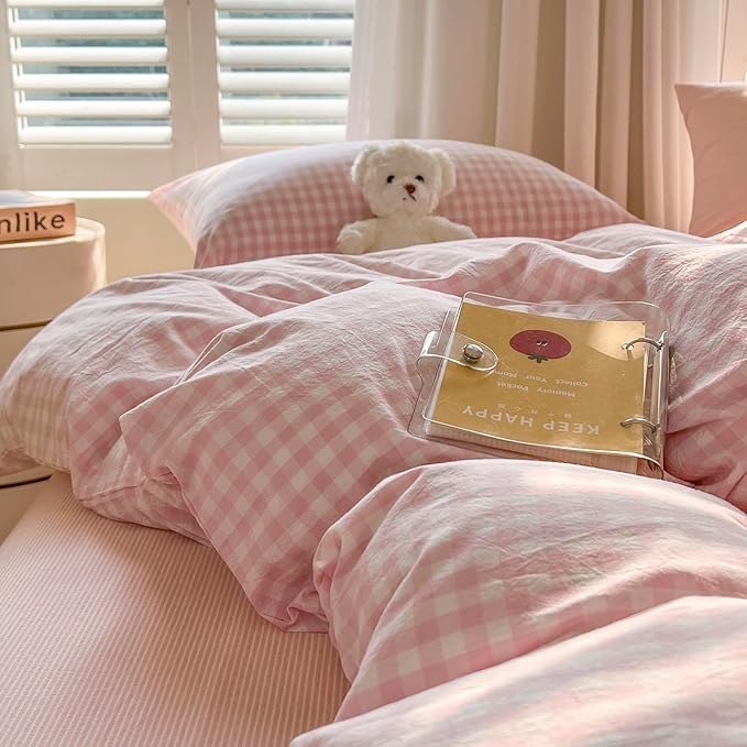 mixinni Light Pink Gingham Duvet Cover Set King Size - 100% Washed Cotton 3 Piece Plaid Checkered Bedding Set, Soft Comfy Grid Farmhouse Comforter Cover with Zipper Closure & Corner Ties
