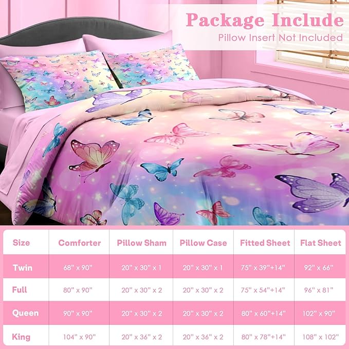 Comforter Set Twin Size, Pink Blue Butterfly 5 Pcs Bedding for Kids and Adults, Purple Colorful Rainbow Bed Sheet Sets with Fitted Sheet Pillowcase & Sham for Bedroom Bed Decor