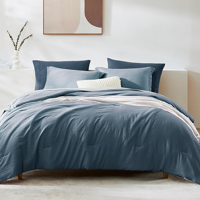 WRENSONGE Queen Comforter Set- 7 Pieces Soft Oxford Blue Bed in a Bag with Fitted Sheet, Flat Sheet, 2 Pillow Shams, and 2 Pillowcases- Warm Bedding Sets Queen for All Season