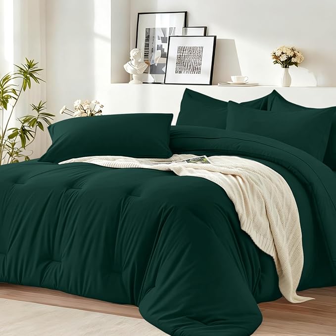 Twin Comforter Set 5 Piece - Soft Bed in a Bag Queen Size Comforter Sets, Cozy Luxury Bedding Sets with All Season Comforter, Flat Sheet, Fitted Sheet,Pillowcases & Shams, Dark Green