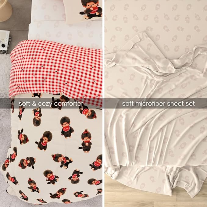 Monchhichi Bedding 7 Piece Queen Bed Set, Soft Cozy Nostalgia Reversible Comforter and Sheet Set with Sham, Officially Licensed Product by Franco
