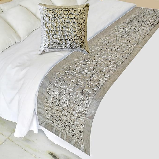 The HomeCentric King/Queen/Twin Silver Decorative Bed Runner CA King 86"x18" Bed Runner with Two Pillow Cover, Foil, Knotted,Textured Bed Scarf on Jacquard Fabric - Polished Silver