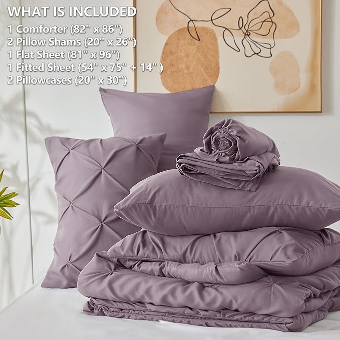 Full Comforter Set Dusty Purple, 7 Pieces Pintuck Bed in A Bag Full Size Bedding, Soft Bed Set All Season Pinch Pleat Comforter Set with Sheets, Pillowcases & Shams