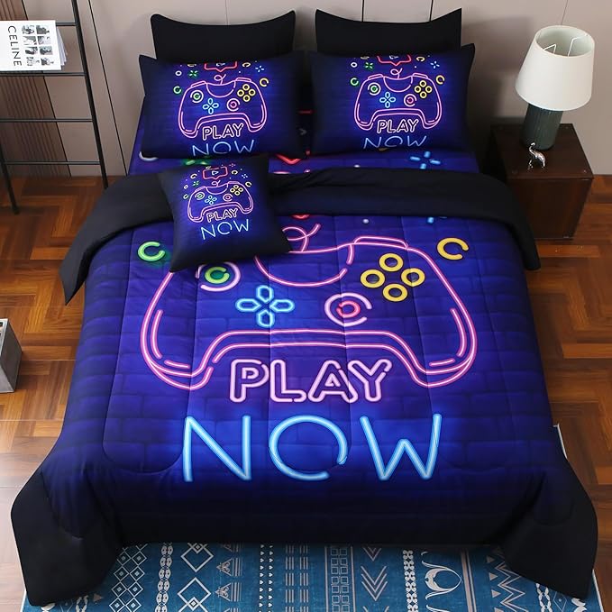 JQinHome Twin Gamer Comforter Set 6 Piece Bed in A Bag for Boys,3D Neon Light Up Design for Classic Console -All Season Soft Microfiber Down Alternative Comforter Gamer Bedding Sets for Kids (Purple)