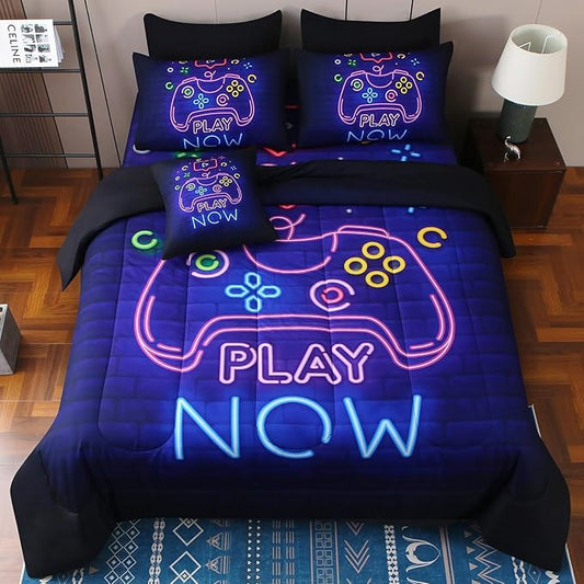 JQinHome Twin Gamer Comforter Set 6 Piece Bed in A Bag for Boys,3D Neon Light Up Design for Classic Console -All Season Soft Microfiber Down Alternative Comforter Gamer Bedding Sets for Kids (Purple)