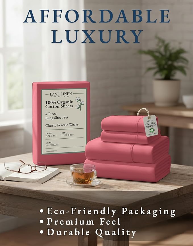 LANE LINEN 100% Organic Cotton Bedsheets King Size Bed, Soft & Comfy Luxury Hotel Style Percale Cooling Sheets King Size, Oeko Tex Certified Sustainably Produced Cotton Sheets- Mineral Red