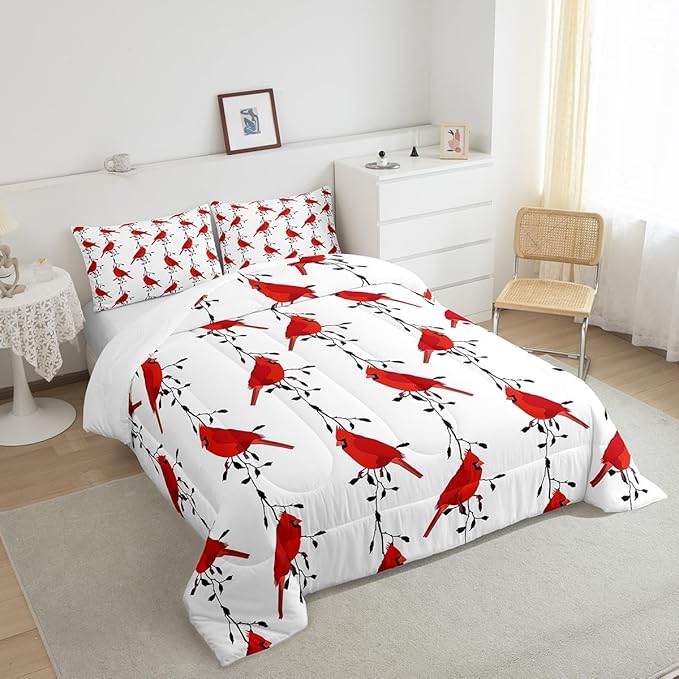 Feelyou Kids Cute Bird Bedding Set for Girls Boys Children Red Birds Cardinals Comforter Decorative Black Tree Branches Comforter Set Farmhouse Country Style Duvet Set Full Size 3Pcs Quilt Set