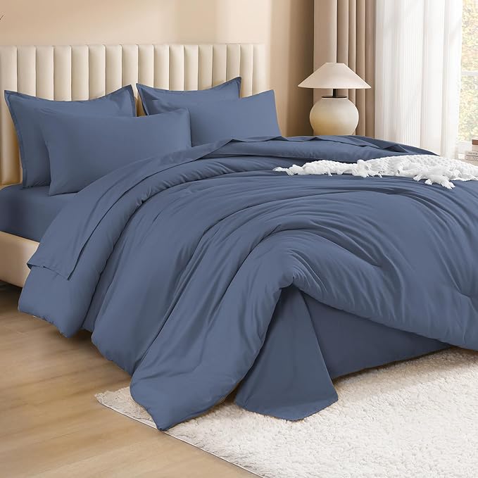 Litanika King Size Comforter Set Bluish Grey - 7 Pieces Bed in a Bag King Bedding Comforter Sets, Solid Lightweight Bed Set with Comforter, Sheets, Pillowcases & Shams