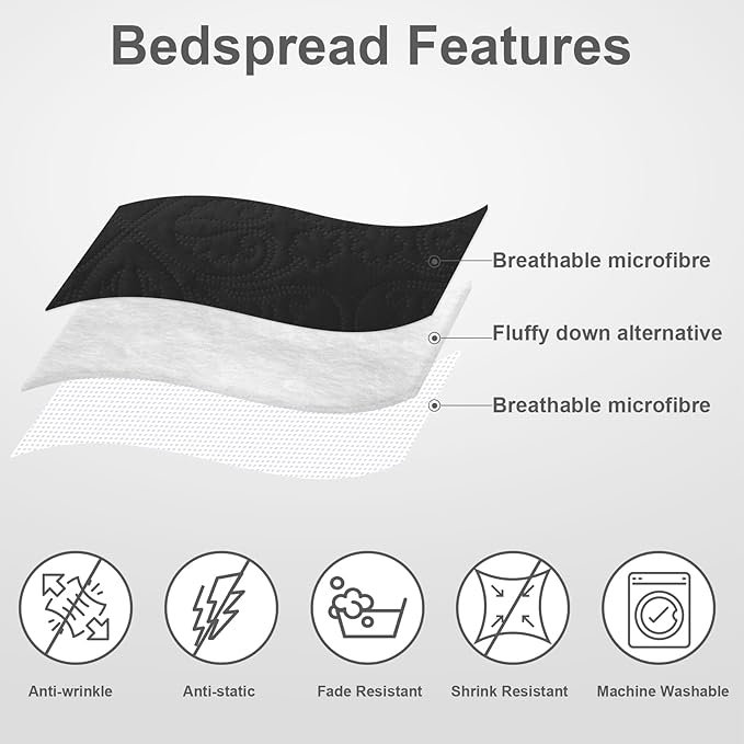 Hansleep Black Quilt Queen Size - Baroque Ultrasonic All Season Bedspread Queen, Soft Lightweight Coverlet Bedding Set, 3 Pieces (1 Quilt, 2 Pillow Shams)
