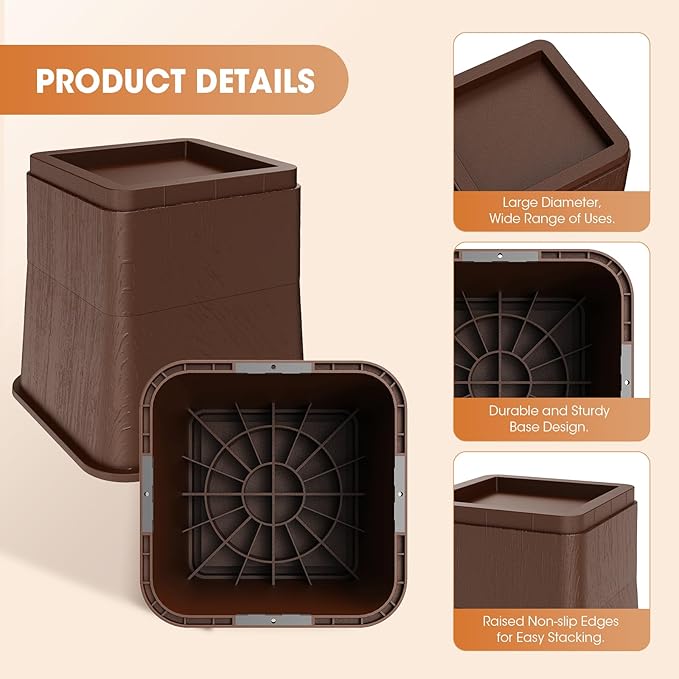 Adjustable Bed Risers,Elevation in 3, 5 or 8 Inch Heavy Duty Risers,Oversized Fit Up to 5.5" Legs, Stackable Bed Raising Blocks for Couches, Tables, Desks (Brown, 8 inch-4 Pack)