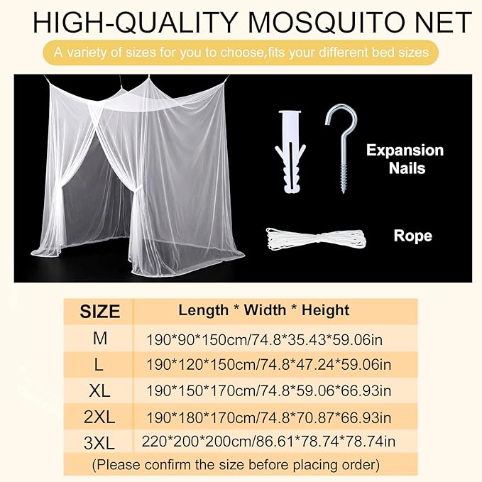 Frienda Bed Mosquito Net Mosquiteros Cameros para Cuba Rectangular Canopy Drapes with Hook Nylon Rope for Single Twin Full Queen King Size Bed Camping Outdoor Travel(White,Queen)