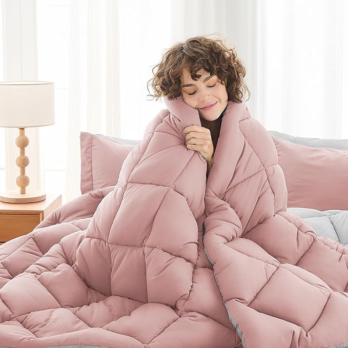 MUXHOMO 7 Pieces Full Comforter Set, Reversible Bed in a Bag Full Size, All Season Bedding Set with Comforter, Flat Sheet, Fitted Sheet, Pillowcases & Shams, Pink & Light Grey