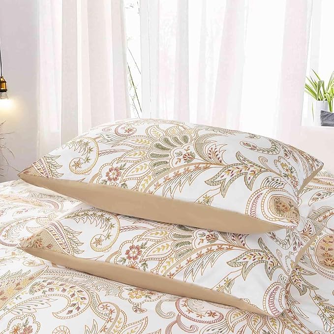 Nanko Paisley Duvet Cover Set King Size, Tan Taupe Classy Boho Damask Printed Pattern Bed Set, Soft Microfiber Reversible Comforter Bedding Cover with Zip Ties - Farmhouse for Women Men, 3 Pcs 104 x90