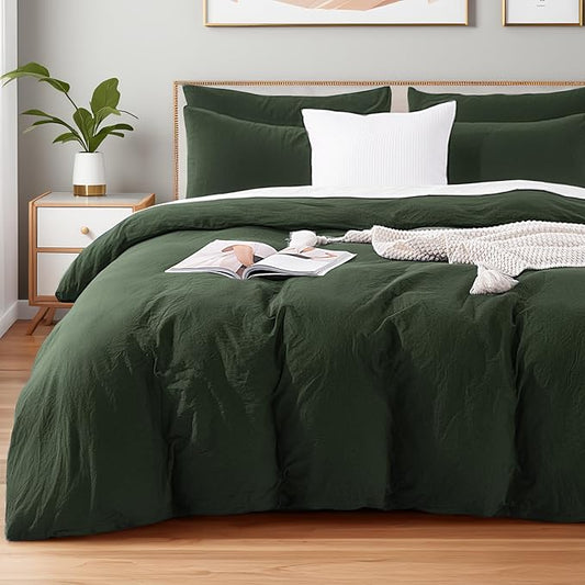 NEXHOME PRO Queen Duvet Cover Set – 100% Certified Organic Cotton with Washed Feel & Linen-Like Texture, Comfortable & Breathable, Home Bedding Set Olive Green (No Comforter)