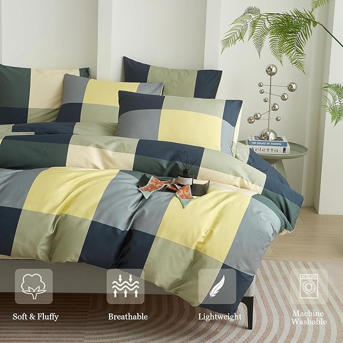 mixinni Multicolor Checkered Duvet Cover Set Twin Size - Modern Geometric Plaid Bedding Set with 2 Pillowcases, Soft Premium Cotton Duvet Cover for Boys, Men & Teens, with Zipper Ties(Twin Size)