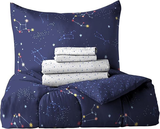 Dream Factory Kids 5-Piece Complete Bed Set Easy-Wash Super Soft Microfiber Comforter Bedding, Twin, Navy Blue Zodiac