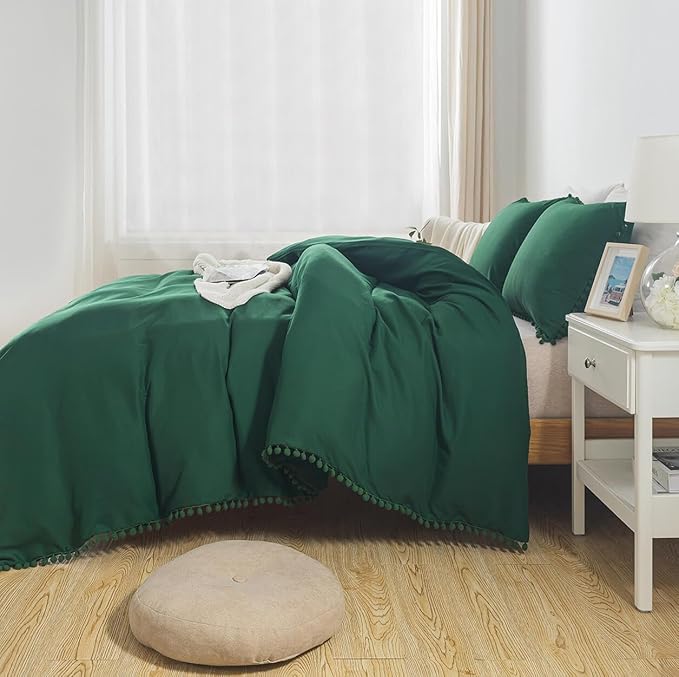 TanNicoor Pom Fringe Duvet Cover Set - 3 Piece Natural Ultra SOFE Color Washed Microfiber Bedding Set, Modern Style Down Comforter Quilt Cover with Zipper Closure(Twin, Emerald Green)
