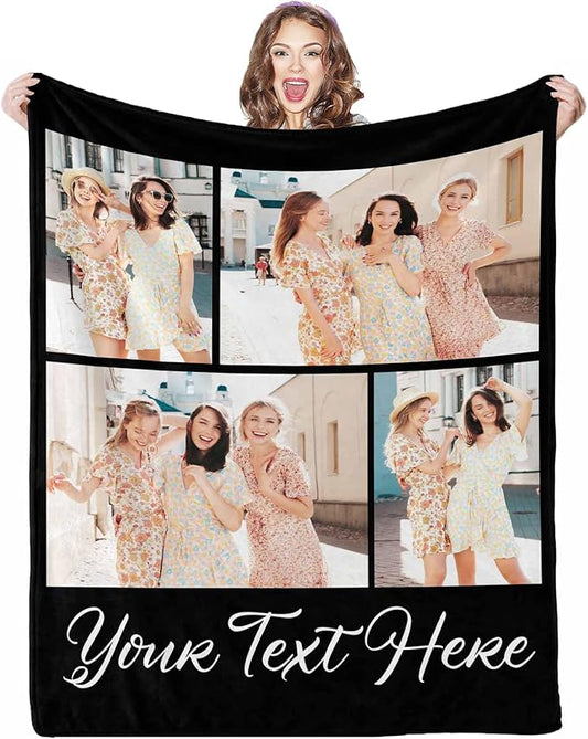 Customized Blanket with Photo, 4 Photos Custom Photo Blanket Personalized Blankets Best Friends Forever, Personalized Gifts for Best Friends, 8 Sizes