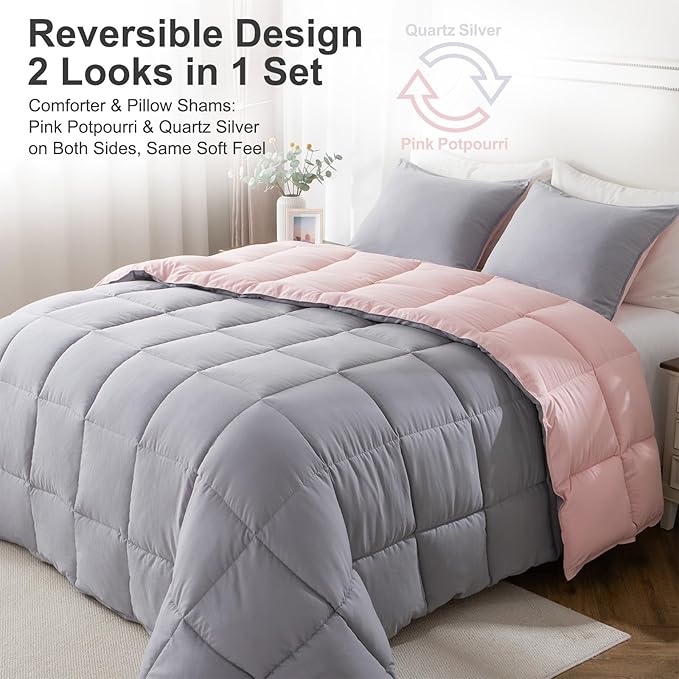 KASENTEX King Comforter Set – Reversible Dual Color – Goose Down Alternative – Ultra-Soft, Lightweight, Machine Washable, Maintain Fluffiness, All Season Warmth (Pink Potpourri/Quartz Silver)