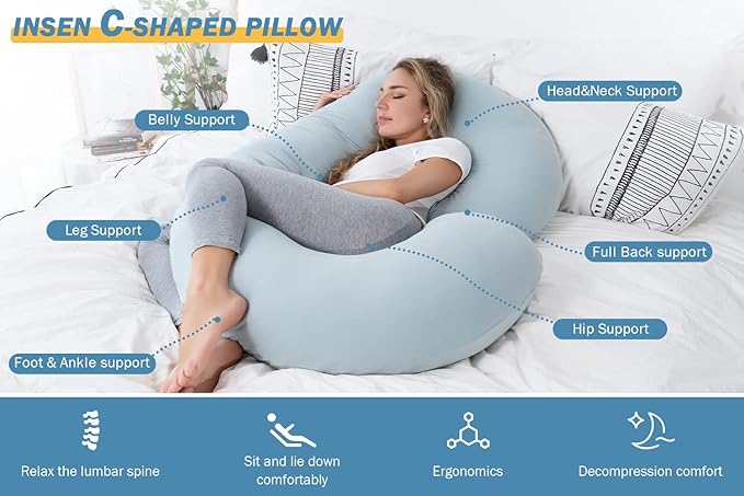 INSEN Pregnancy Pillows for Sleeping, Maternity Pillow with Cooling Cotton Cover, C Shaped for Pregnant Side Sleeping (Green Jersey)