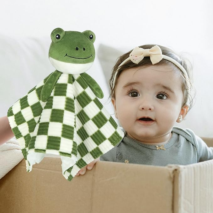 Baby Lovey Blanket for Boys Girls Super Soft Checkerboard Gingham with Minky Dot Fabric Backing Frog Stuffed Animal Lovely Snuggle Toy Green 14 Inch