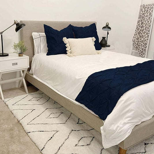 Bed Runner Set - 100% Pure Cotton 800 Thread Count - Luxury 1 Pinch Pleated Bed Runner and 2 Pillow Cover - 3 Piece Pinch Pleated Bed Runner Set Queen, Navy Blue