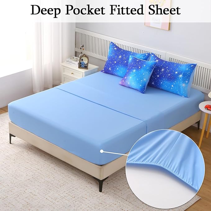 JQinHome Queen Ombre Blue Comforter Set, 6 Piece Bed in A Bag 3D Colorful Bedding Sets for Teen Girls (1 Comforter,2 Pillowcases,1 Flat Sheet,1 Fitted Sheet,1 Cushion Cover)(Star Blue)