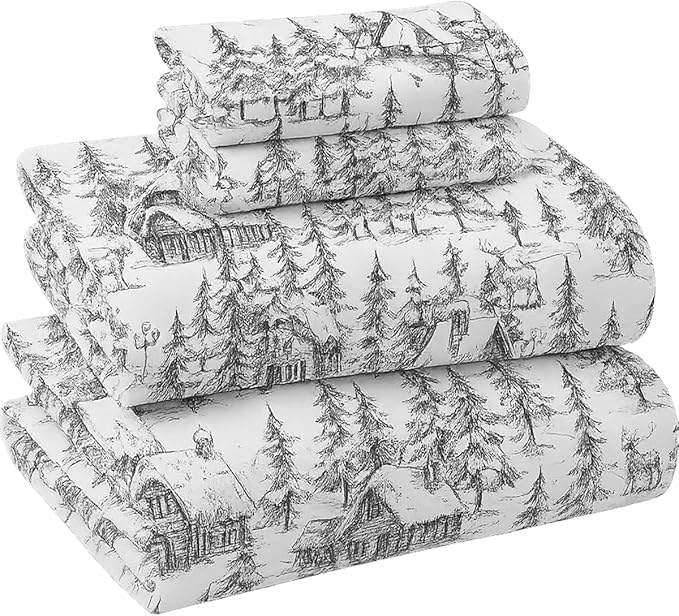 Briarwood Home Printed Flannel Sheet Set, 100% Natural Cotton, Soft, Warm & Deep Pocket, Advanced Nano-Tech Making It Resistance to Pilling, Brushed 6 Times for Softness, 4 Piece, Grey Sylvania, Queen