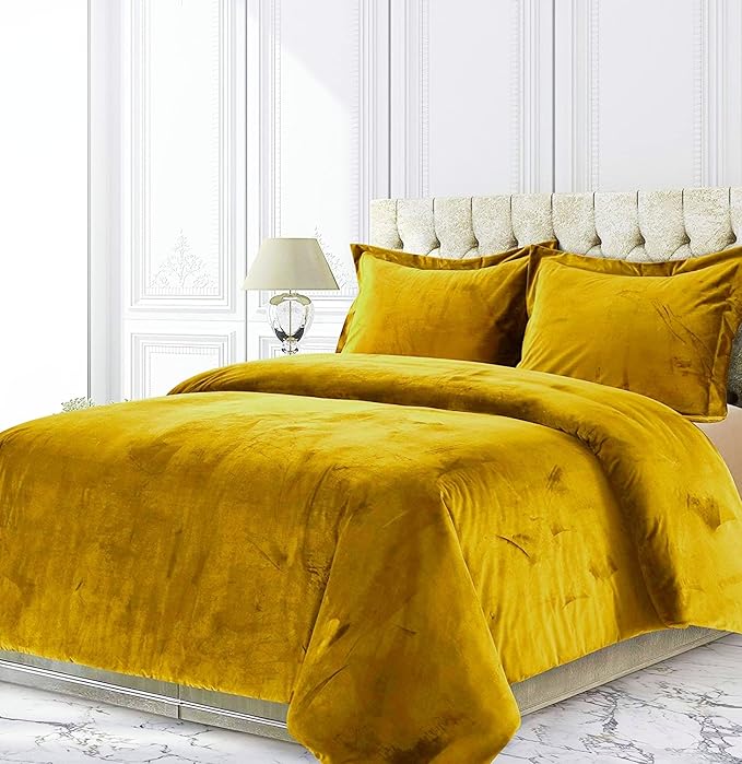 Yellow 3 Pieces Velvet Comforter Set Queen Size (Comforter + 2 Pillowcases) Crinkle Crushed 400 GSM