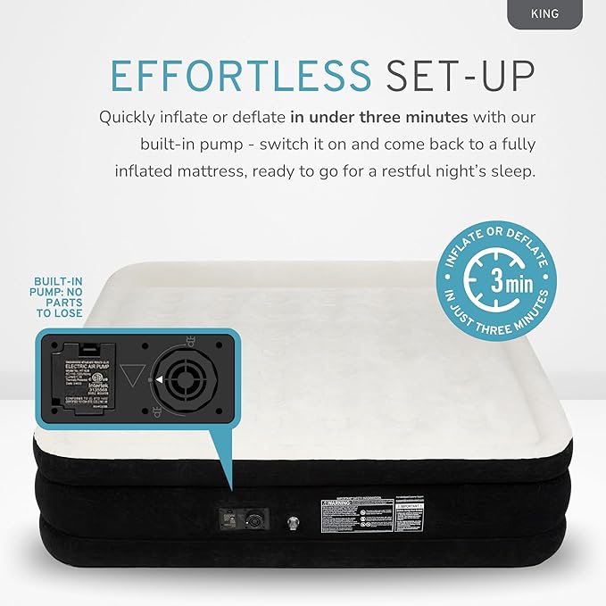 RestElevated Luxury Pillow Top King Size Air Mattress with Built in Pump | 20" Raised Height with Coil Beam Support | Adjustable Blow Up Air Bed | for Home, Guests and Camping [Black with Cream Top]