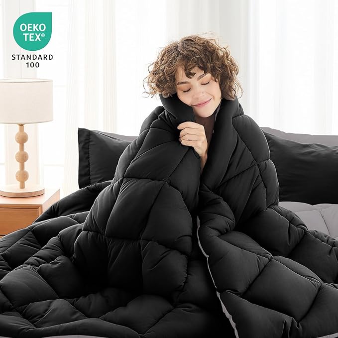 MUXHOMO 7 Pieces Oversized Queen Comforter Set, Reversible Bed in a Bag Oversized Queen Size, All Season Bedding Set with Comforter, Flat Sheet, Fitted Sheet, Pillowcases & Shams, Black & Soot