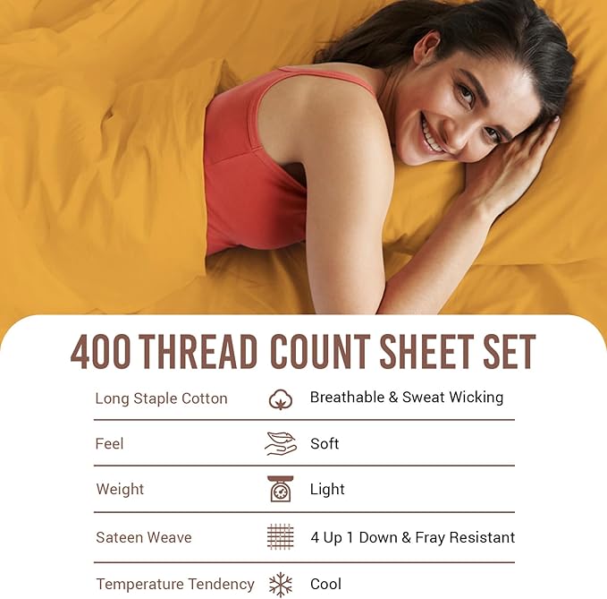 Pizuna Pure 100% Cotton Sheets RV Queen Size, Luxurious 400 Thread Count Long Staple Cotton Sateen Sheet Set with 15" Deep Pocket (Honey Gold)